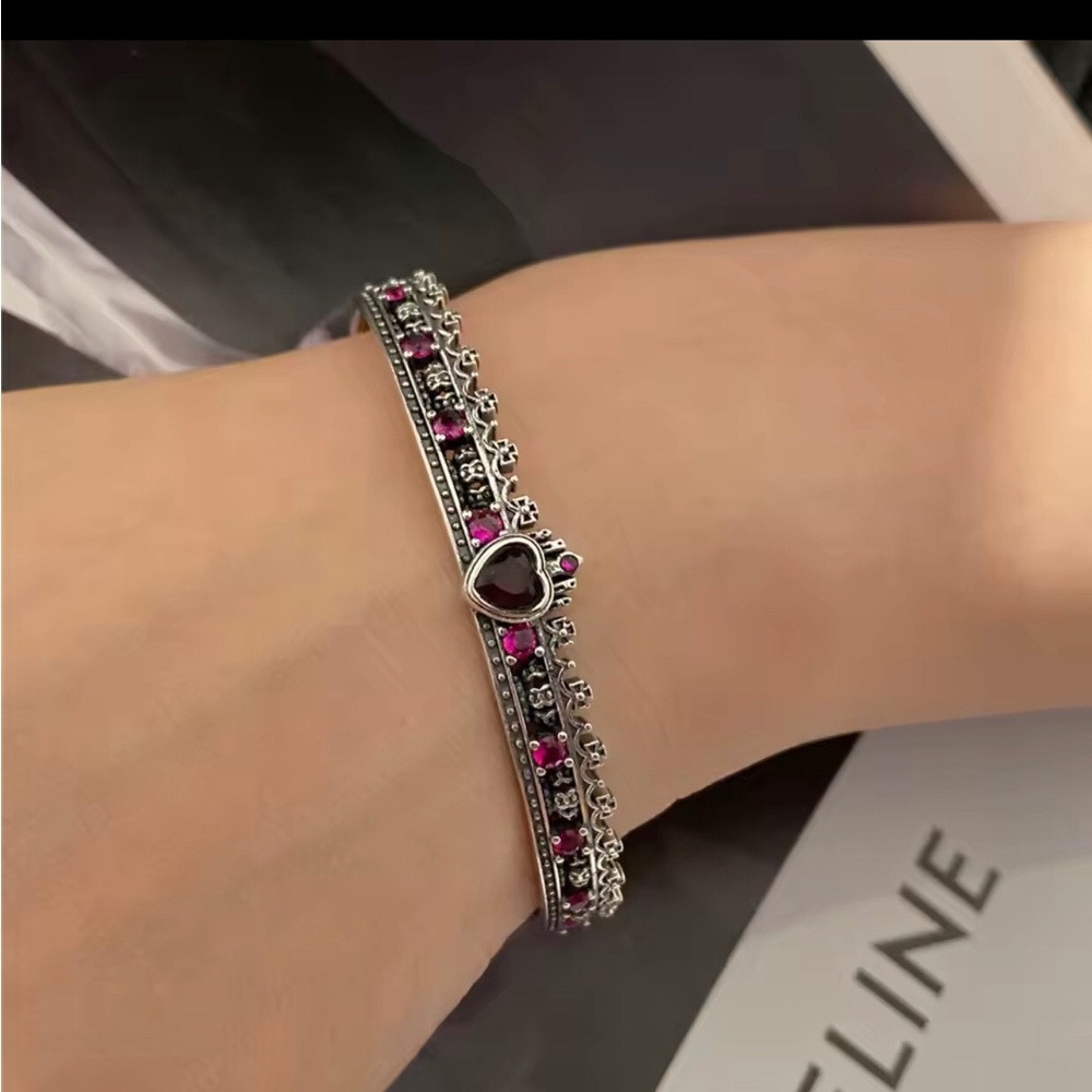 Silver Pink and Black Gem Heart Bracelet for Women